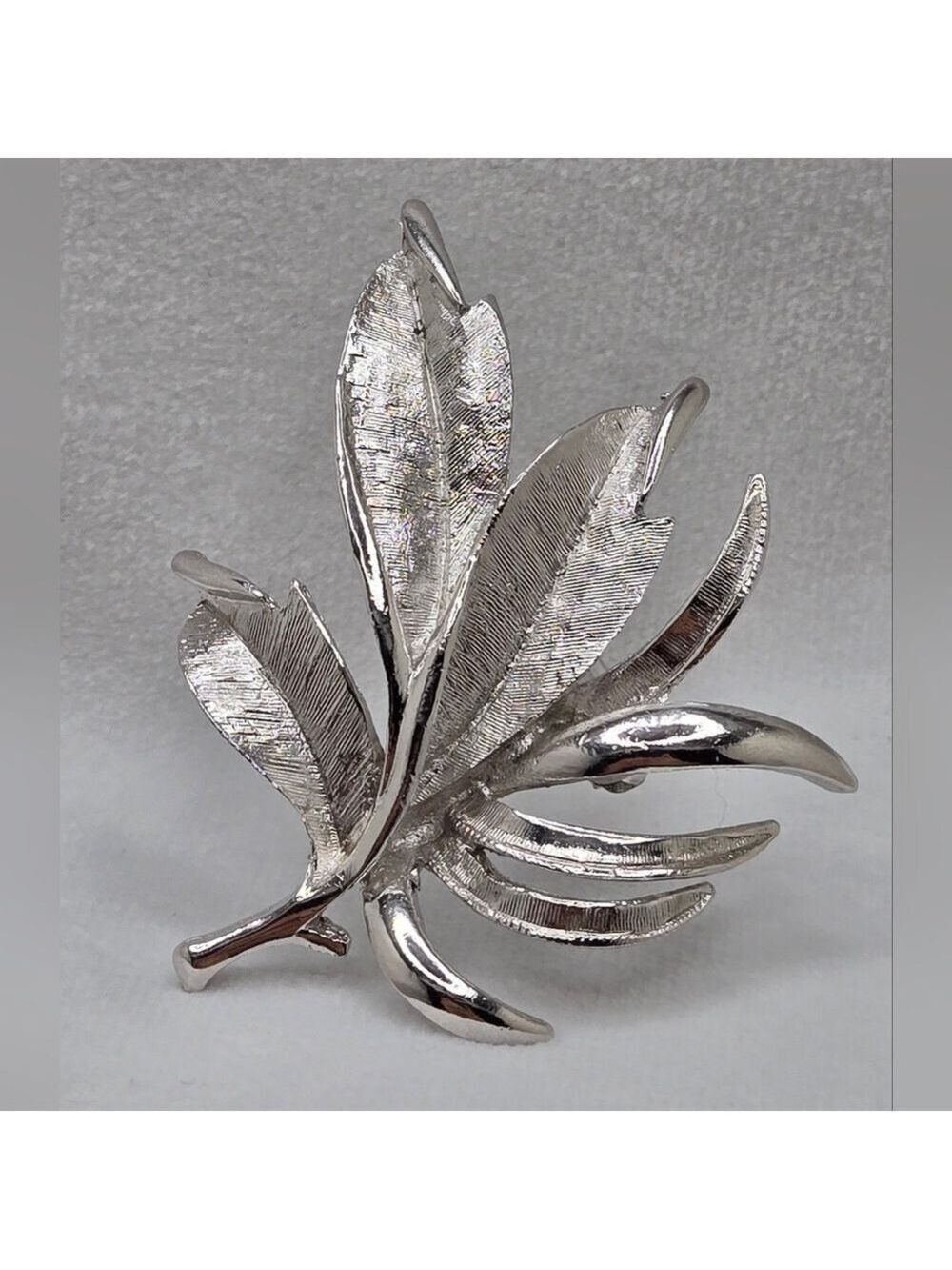 Vintage Silver-Tone Leaf Brooch Brushed & Polished 2” Pin